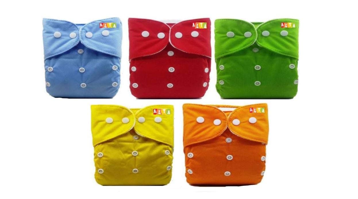 AlyaPocket Button Style Solid Reusable Cloth Diaper All in One Adjustable Washable Diapers Nappies(Without Inserts) for Toddlers/New Borns(0-24 Months,3-16KG) (Pack of 5, R,B,G,Y,O)