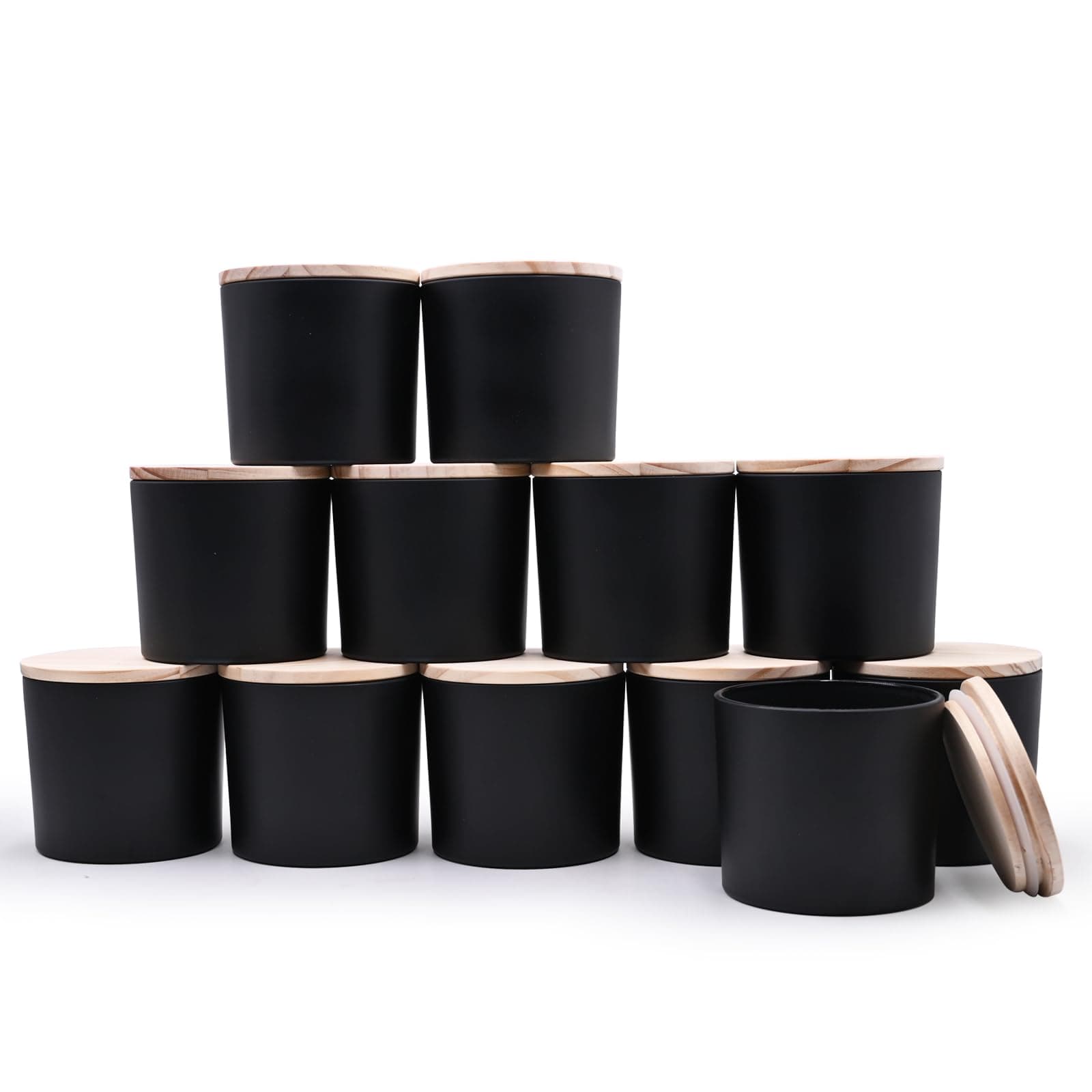 12 OZ Thick Candle Jars for Making Candles 12 Pcs, Empty Jars with Wood Lids for Spice Jars, Sample Container, Matte Black