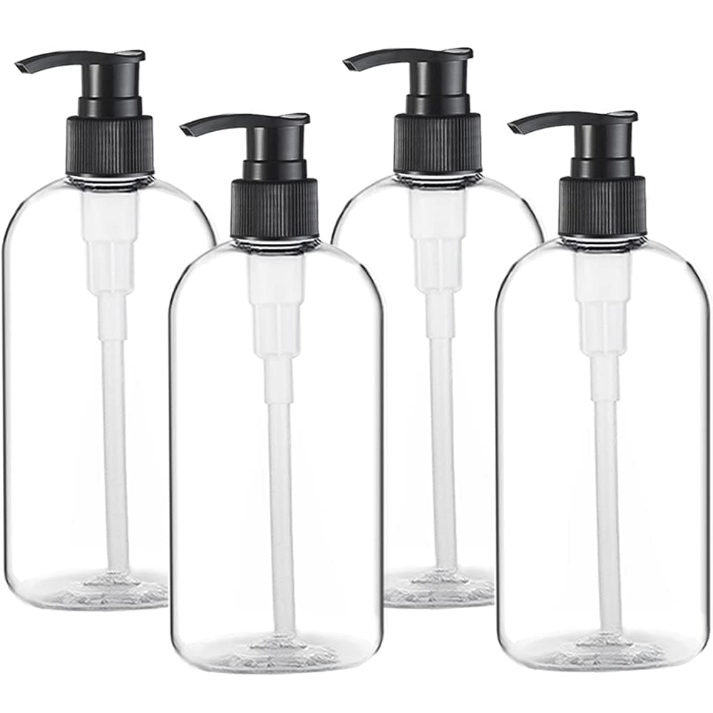 Vioetry Empty Plastic Pump Bottles Dispenser 4 pack 16oz/500ml Portable Clear BPA-FREE Cylinder Shampoo Lotion Hand Pump Bottle Durable Refillable Containers for Massage Oil, Liquid Soap