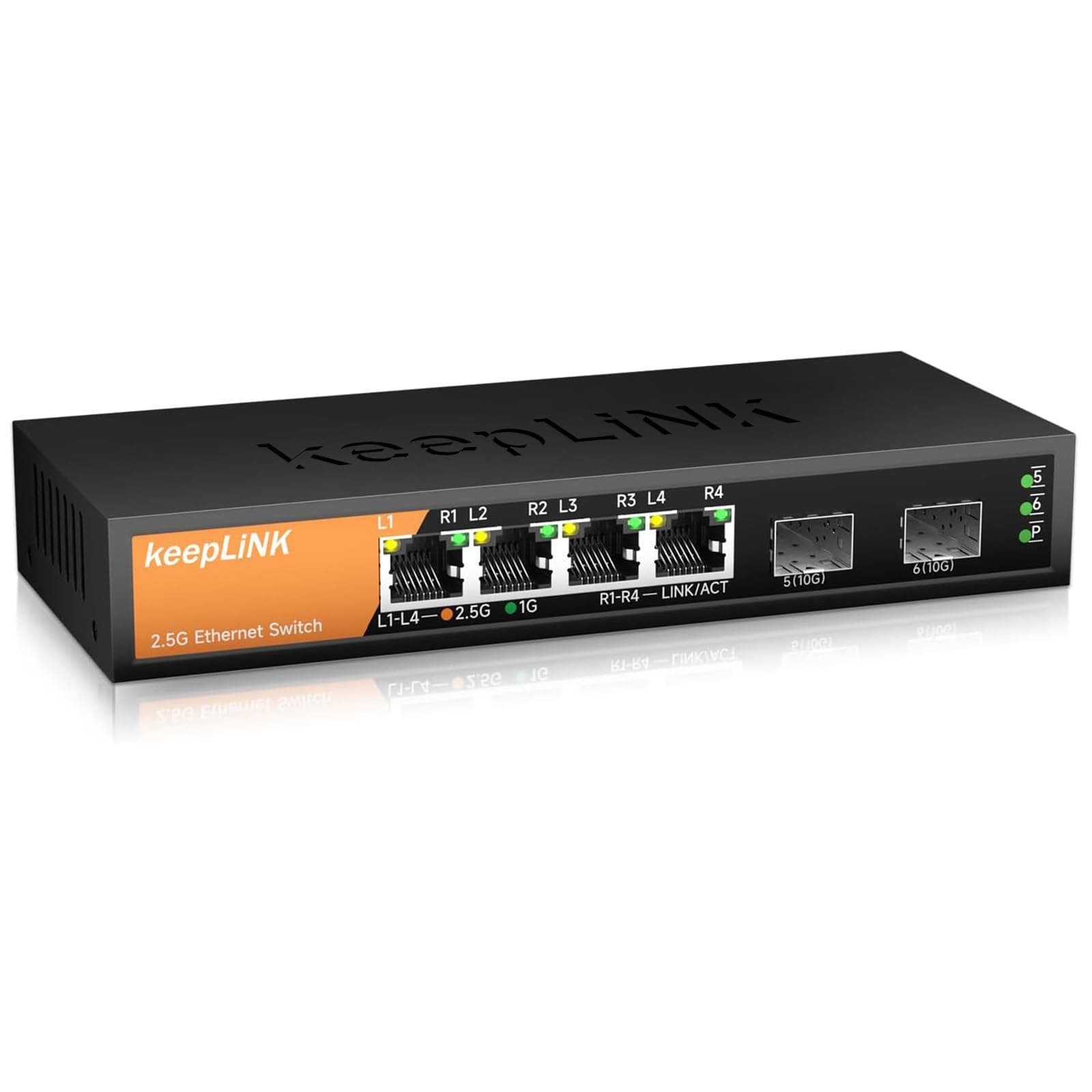 6-Port 2.5G Switch Unmanaged, 4 x 2.5GBASE-T Ports & 2 x 10GBASE-T SFP Slots, 60Gbps Switching Capacity, Plug & Play/Wall Mountable/Fanless Metal, Compatible with 1000Mbps Devices