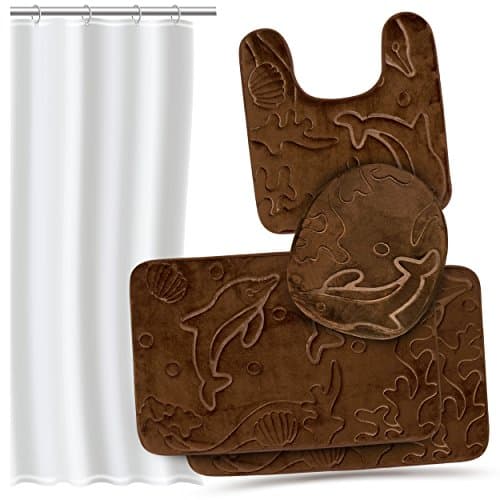 Effiliv 4 Piece Bathroom Rugs Set - Memory Foam Large Bath Rugs, Extra Soft Mats + Shower Liner, Brown