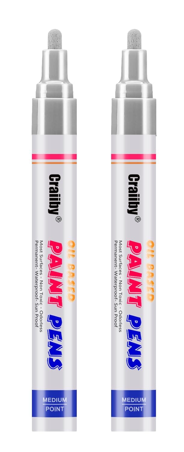 Silver Paint Markers, 2 Pack Oil-Based Waterproof Quick Dry Permanent Paint Pen Set for Rocks Painting, Wood, Fabric, Plastic, Canvas, Glass, Mugs, Metal, Tire, Stone, DIY Craft