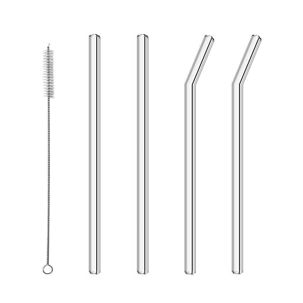 Glass Straws Drinking 9 in x 10mm 2 Bent & 2 Straight Smoothie Reusable Straw 4 Pack with Cleaning Brush