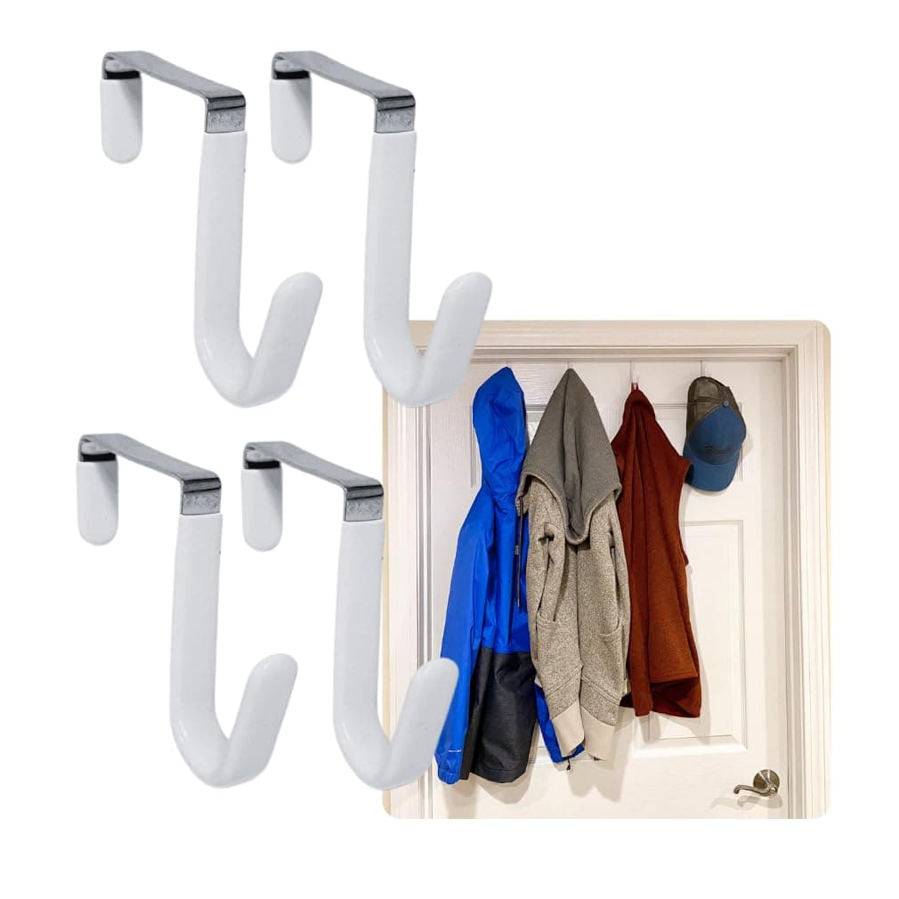 Evelots Over The Door Hooks - 4 Pack - Hangers for Clothes, Towel, Coats, Hats, Handbags - Made of Rubber Coated Steel - Closet, Bathroom, Office