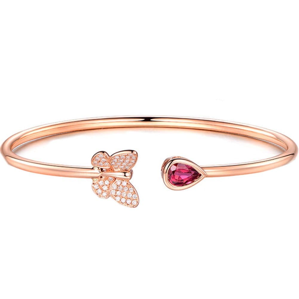 S925 Silver Rose Gold Plated CZ Butterfly Created Ruby Heart Water Drop Women Adjustable Bangle Bracelet,7''