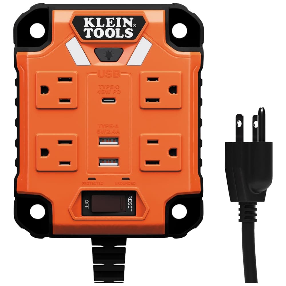 Klein Tools 29601 Magnetic Power Strip with Surge Protector, 4 Outlets, 3 USB Ports, 5-Foot Cord, Power Supply Box with Light, PowerBox 1