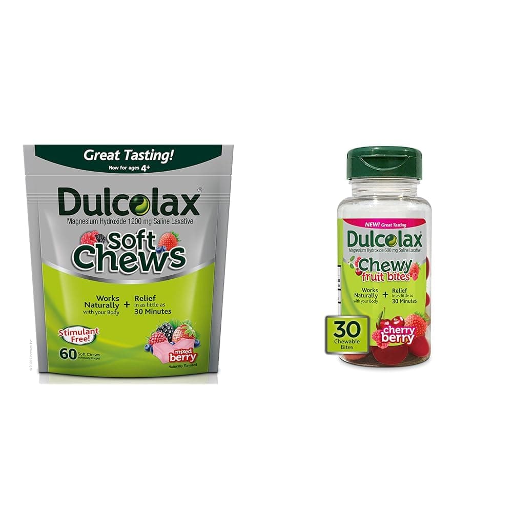 Dulcolax Soft Chews Saline Laxative Mixed Berry (60ct) Gentle Constipation Relief & Chewy Fruit Bites, Saline Laxative, Cherry Berry (30ct) Cramp-Free Constipation Relief