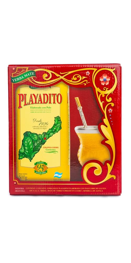 Yerba Mate Playadito Starter Set with Yerba, Leather Mate Cup and Alpaca Bombilla Straw