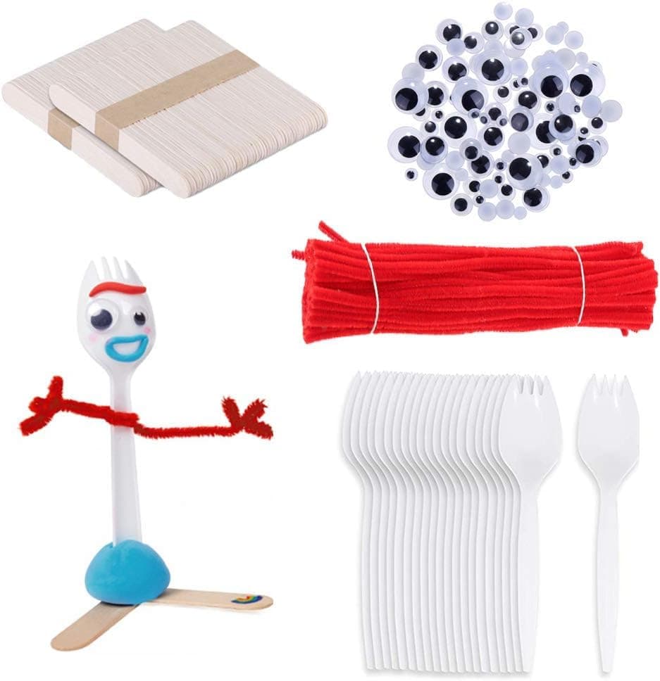 100 Set Fork Creativity Set, Plastic Sporks Red Pipe Cleaners Clever Eyes Popsicle Stick,Make Your own Forky