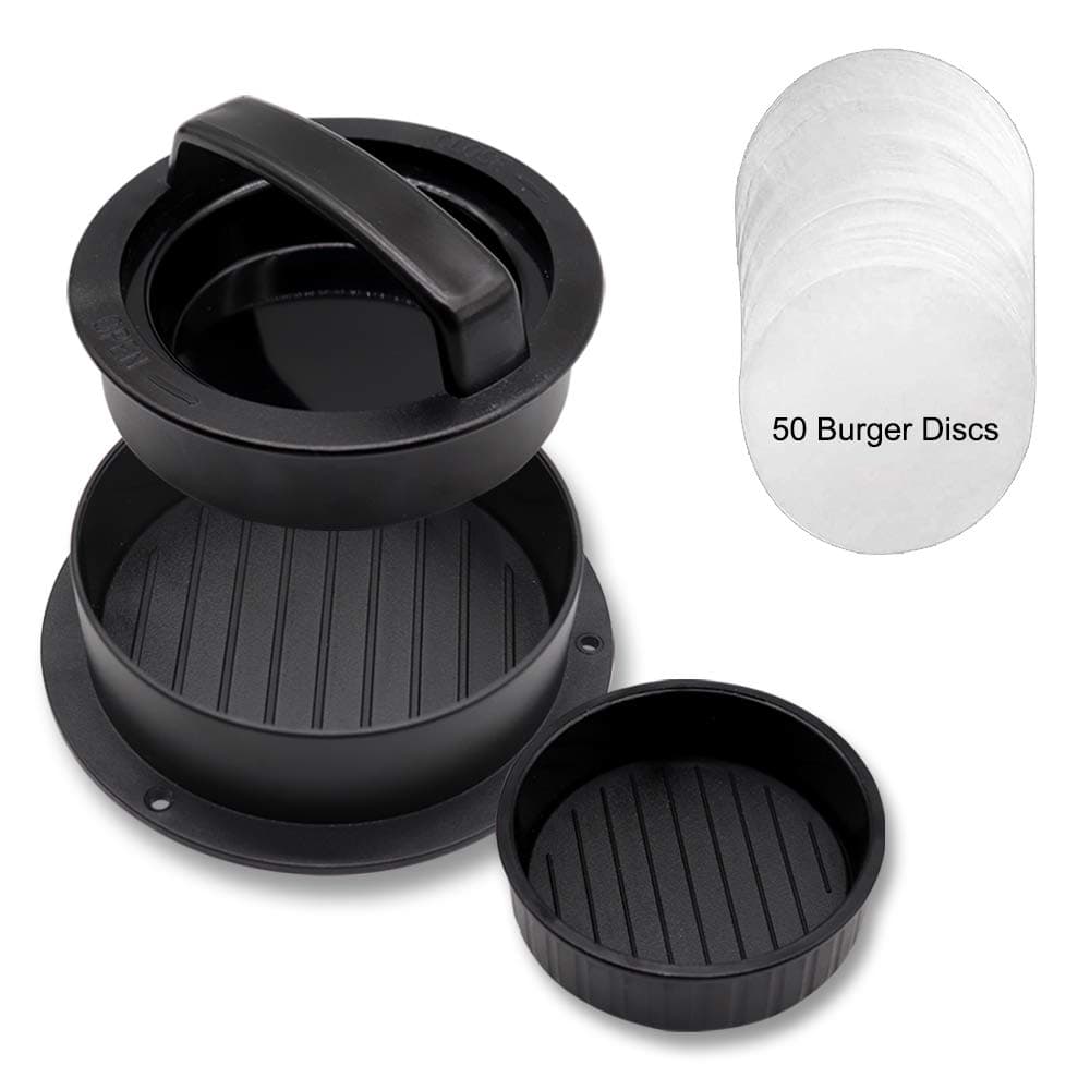 CCUCKY Non Stick Burger Press, Burger Maker 3-in-1 Stuffed Burger Mold with Extra 50 Burger Discs