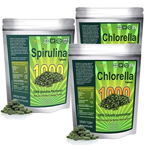 Organic Chlorella Tablets 2 bags (1000 tablets ea) PLUS Organic Spirulina Tablets (1000 Tablets) Mega Pack bundle. Maximum Protein and Chlorophyll, Green Superfood Supplement. No preservatives fillers