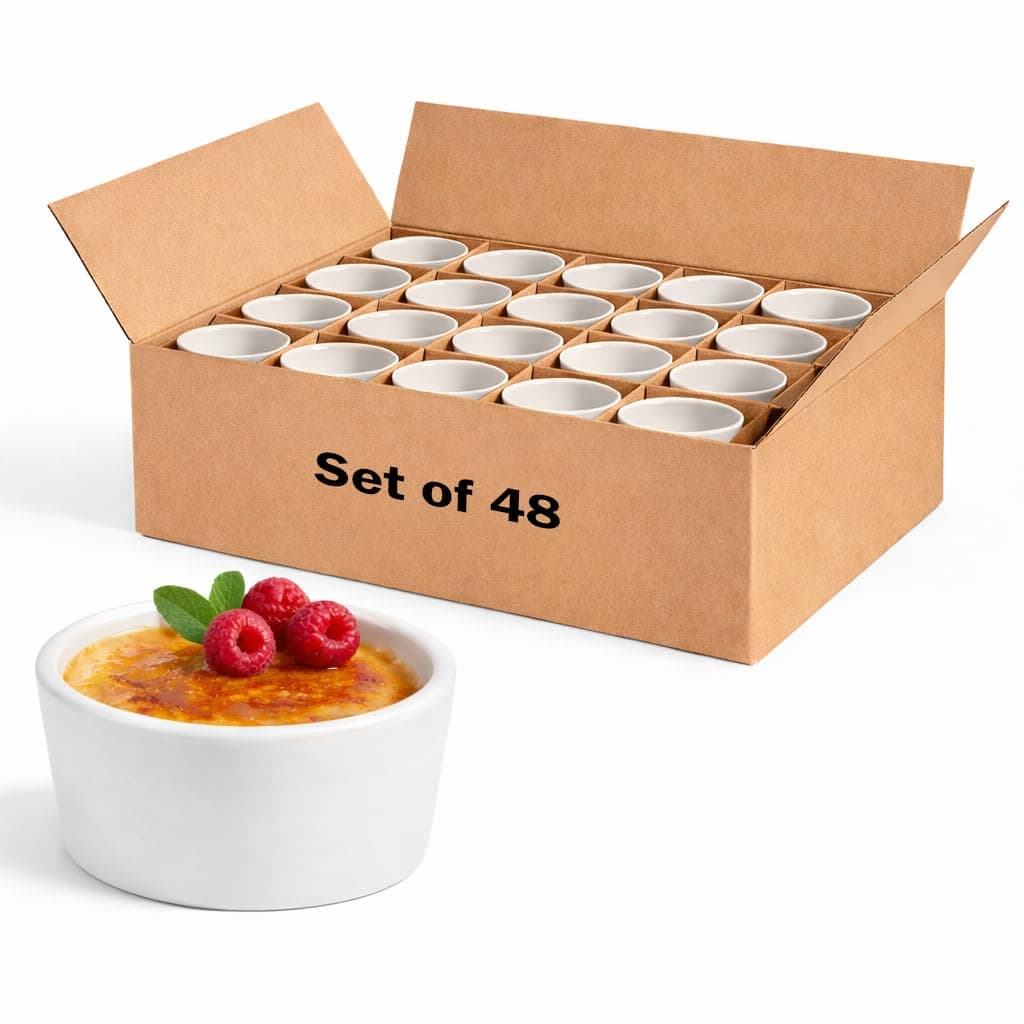 CAC China 2 oz Ceramic Ramekin, Super White Souffle Dish & Dip Bowls, Oven & Dishwasher Safe Sauce Cups for Dipping, Set of 48