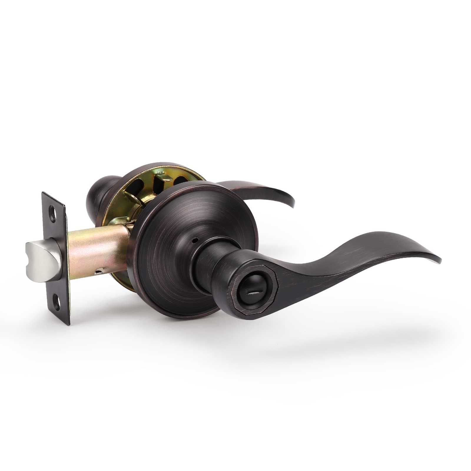 KNOBWELL 1 Pack Privacy Door Levers Rubbed Bronze Door Knobs for Bedroom/Bathroom, Interior Door Handles Reversible for Right/Left with Drop Lever Shape