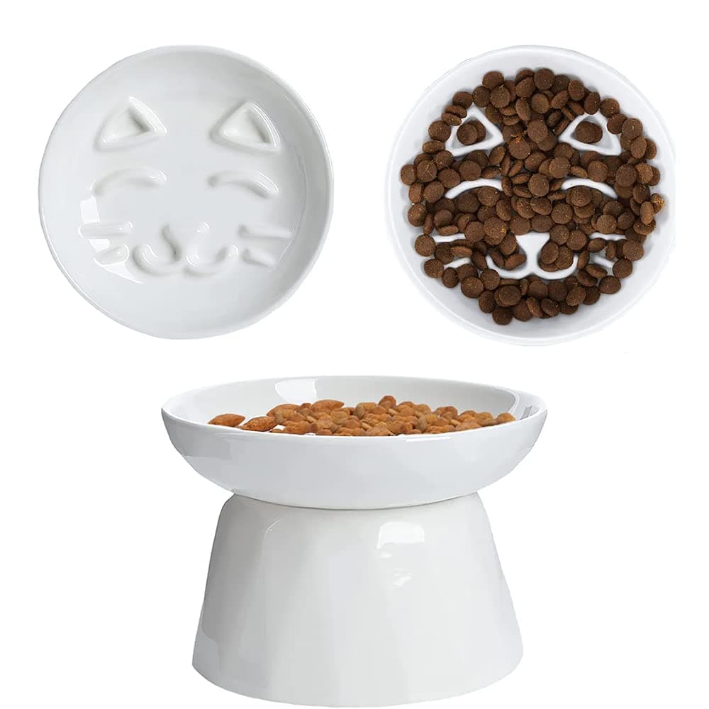 Raised Slow Feeder Cat Bowl, Ceramic Elevated Cat Slow Feeder, Healthy Eating for Wet & Dry Food, Sturdy & Grippy, Pet Puzzle Food Plate, Prevent Vomitting Indigestion, Dishwasher Safe