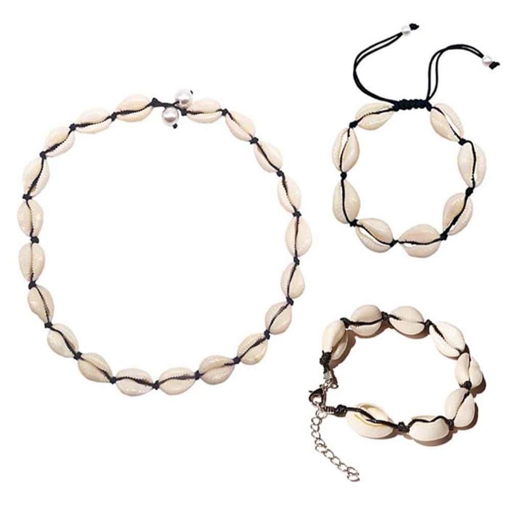 6pcs Boho Beach Shell Necklace Anklet Bracelet Handmade Adjustable Foot Jewelry Set for Women Teen Girls