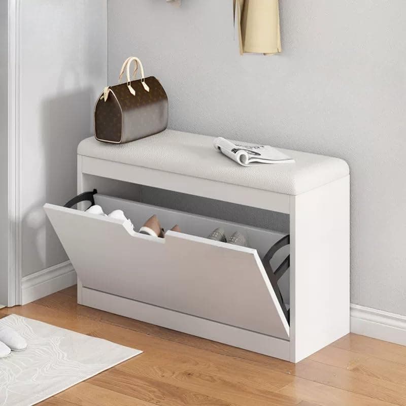 LITFAD Modern Shoe Storage Bench with Doors Entryway Shoe Bench with Cushion Seat Hallway Bench with Shoe Storage Cabinet Free Standing Hidden Shoes Organizer - 20" L x 7" W x 18" H White