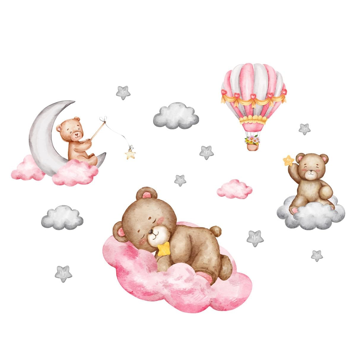iMagitek Tedy Bear Sleeping on The Moon and Cloud Wall Decals Pink Hot Air Balloon, Grey Stars Clounds Wall Stickers for Baby Nursery Kids Bedroom Playroom Baby Shower Gifts