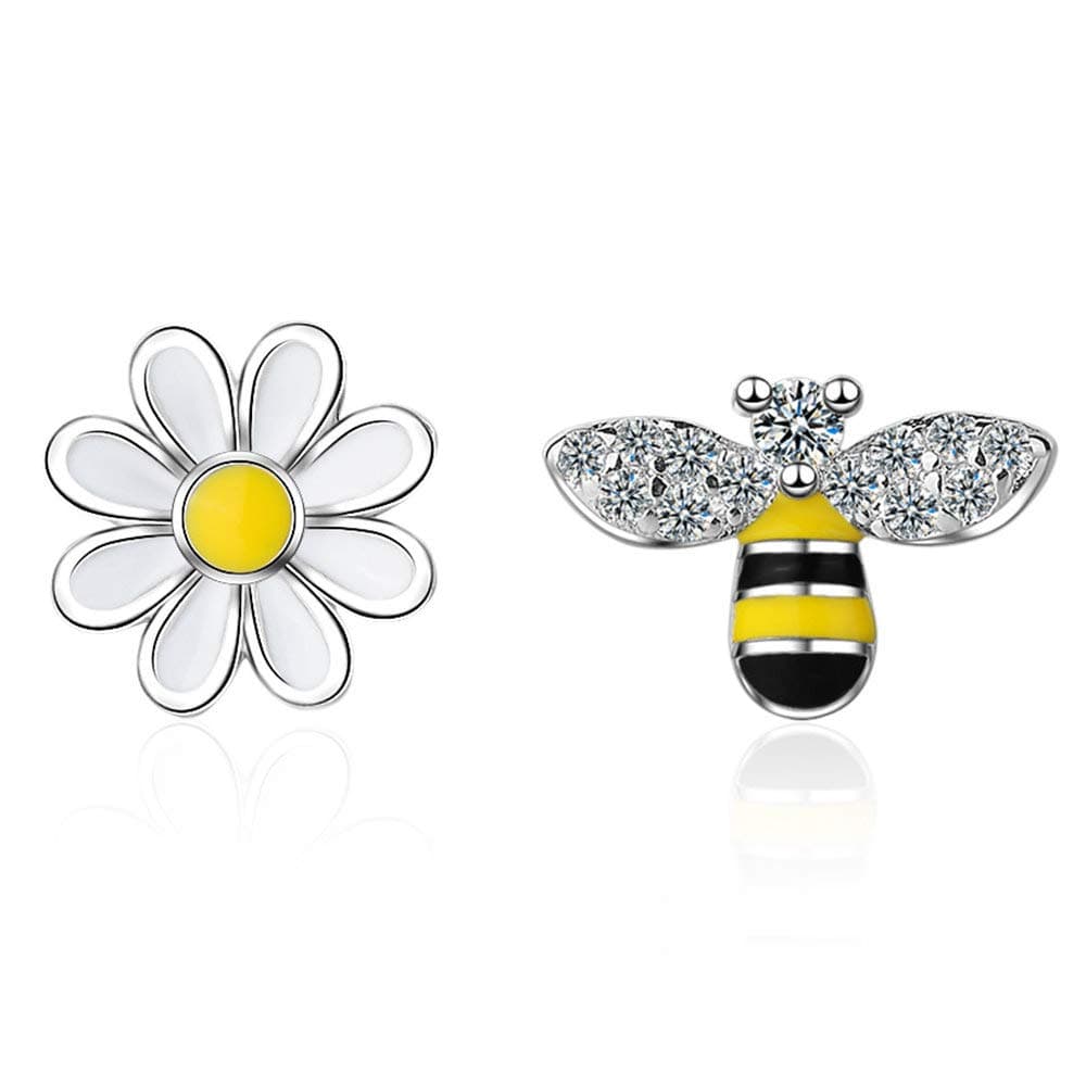 Tiny Mini Bee Daisy Flower Asymmetric Stud Earrings for Women Teen Girls Sensitive Ear Fashion CZ Animal Cute Piercing Post Hypoallergenic Fashion Jewelry Gifts Birthday