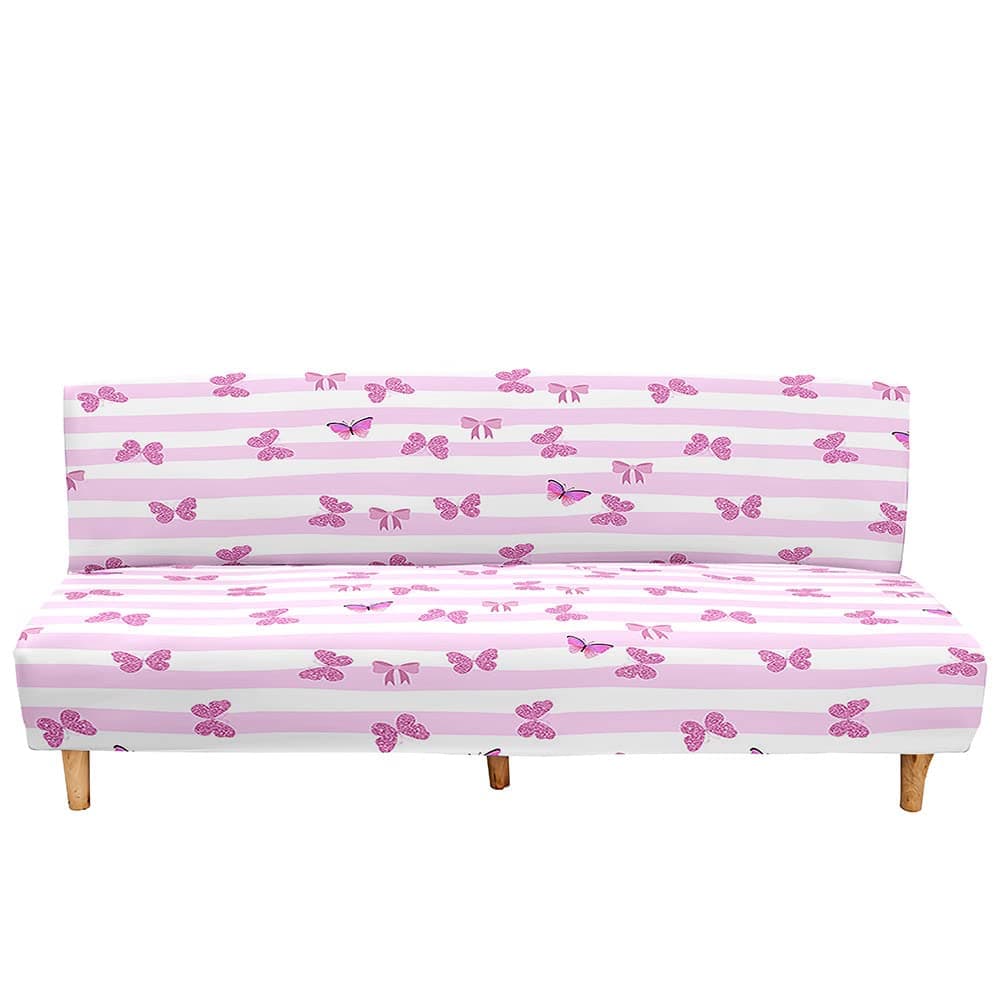 Mateju Armless Sofa Bed Cover, Butterfly Pattern Folding Sofa Bed without Armrests, Non Slip Stretch Futon Slipcover Protector for 2-3 Seater, Washable Couch Bed Slipcovers (pink,120-150cm)