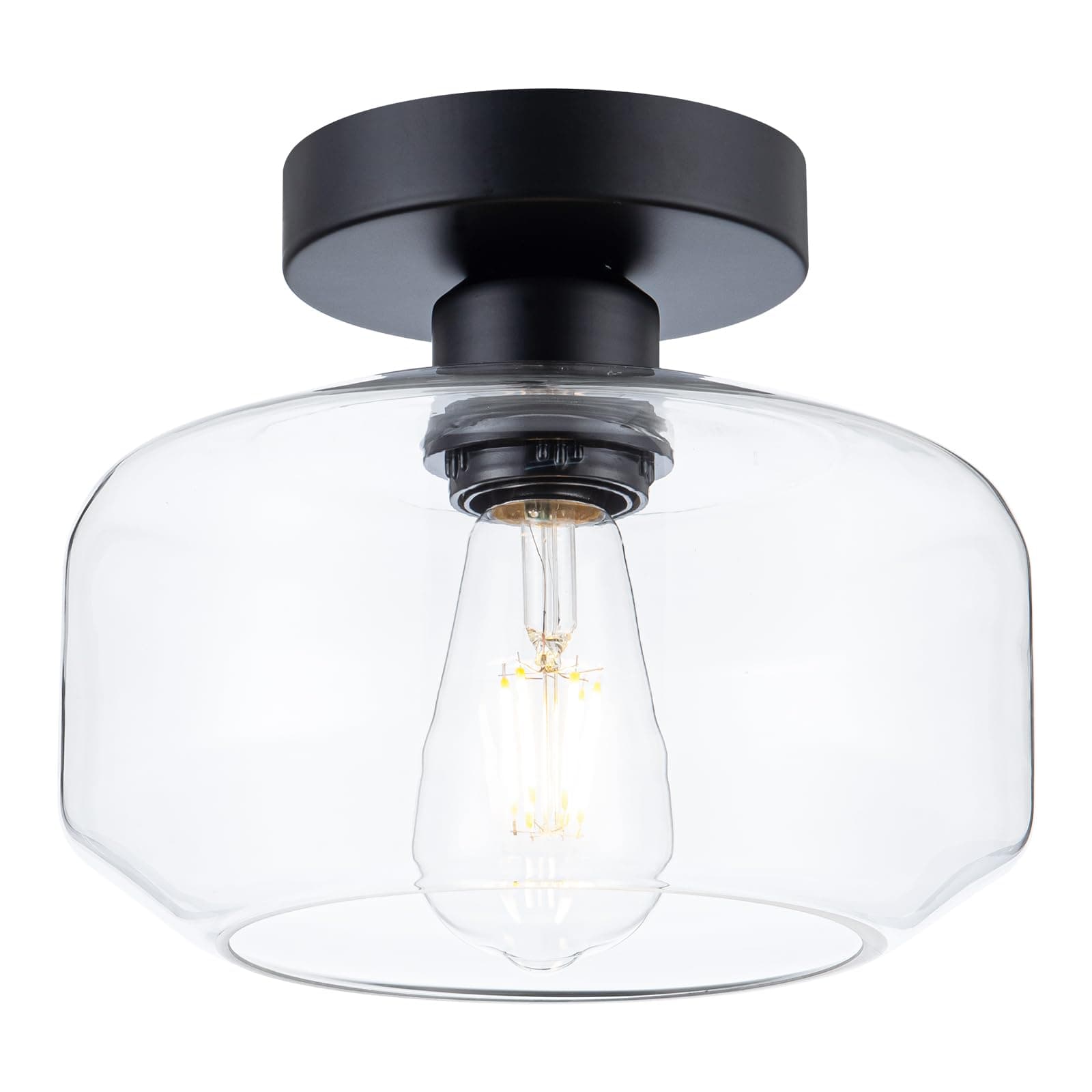 Black Flush Mount Ceiling Light - Modern Glass Semi-Flush Fixture w/LED Bulb - Matte Black Metal for Hallway, Kitchen, Bathroom, Bedroom - Easy Install