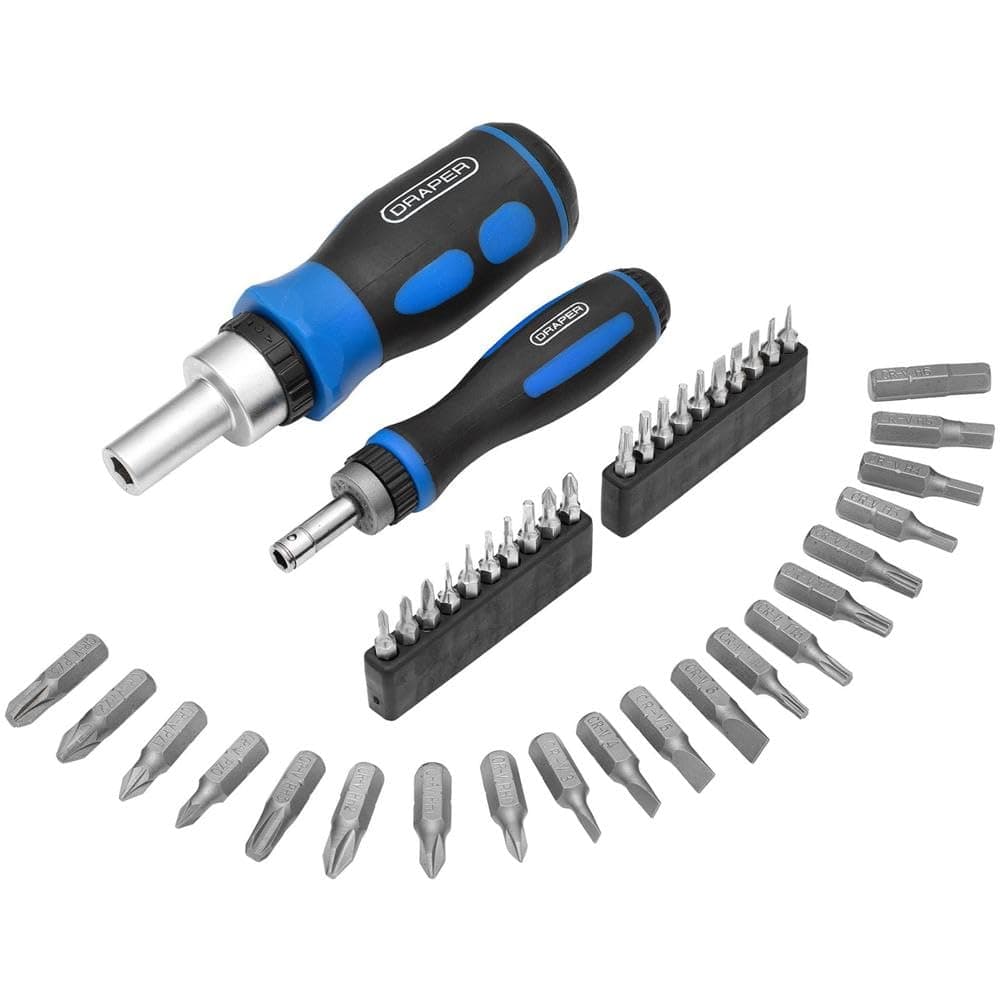 Draper 42 Piece Ratchet Screwdriver Bit Set | Stubby Grip Drivers Hand Tools | DIY and Professional Kit | 1/4" and 20mm Drive Precision Bits | 46479