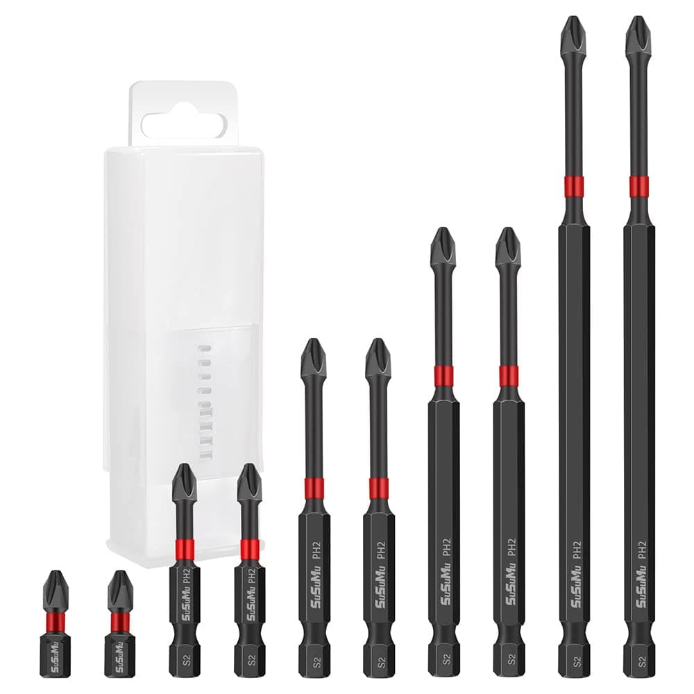 SUSUMU Phillips Bits #2 Impact 10pcs 1 2 3 4 6 Inch Impact Duty Insert Phillips Head Bits PH2 1/4 Inch Hex Shank Cross Magnetic Screwdriver Set for Impact Drver Drill