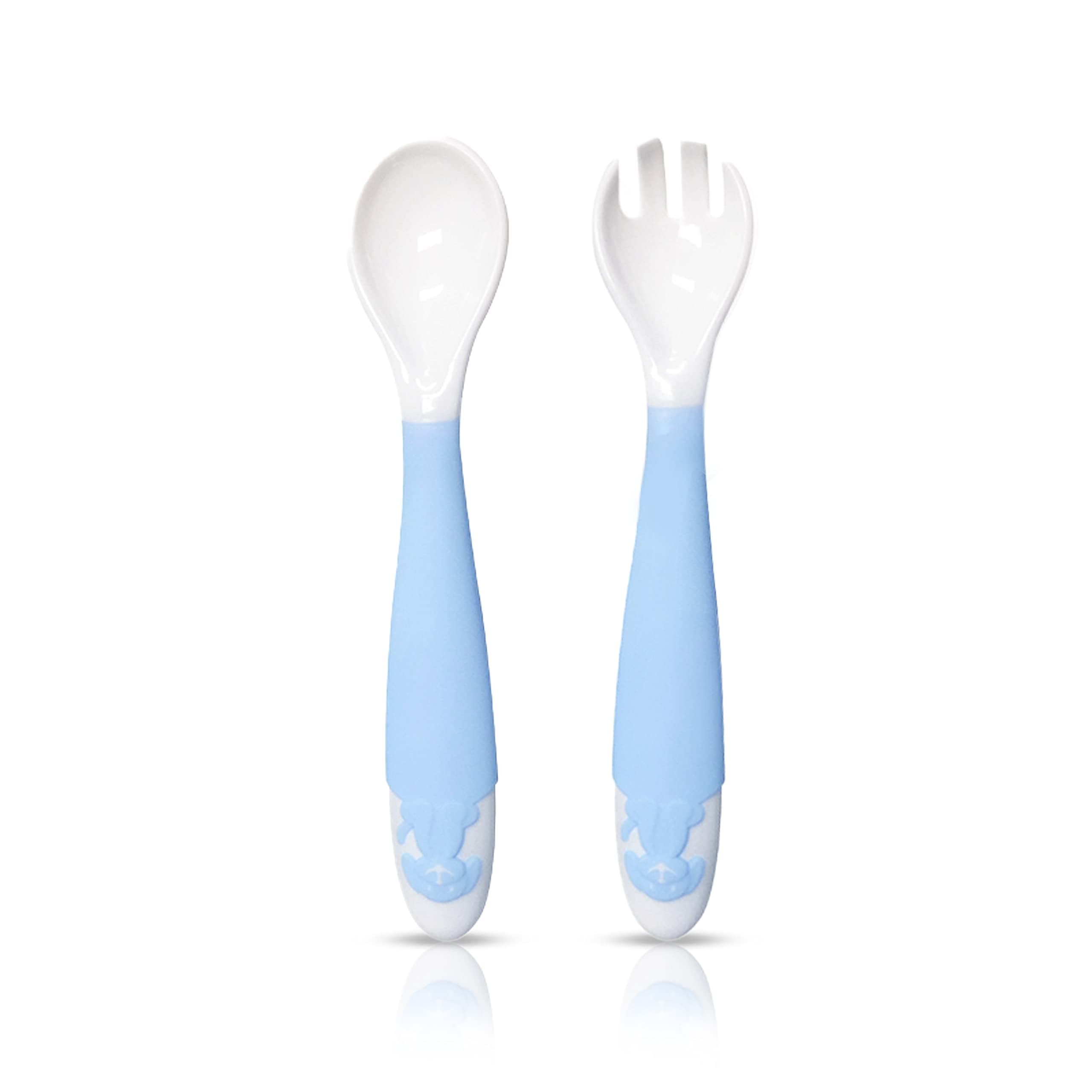 LuvLap Bendable Weaning Spoon & Fork Set with Rounded Tip,Baby Feeding Spoons, Baby Self Feeding, Baby Cutlery, Heat-Resistant Soft Silicone for Toddler, Bpa Free, Food-Grade Material (Blue), 14.5 CM