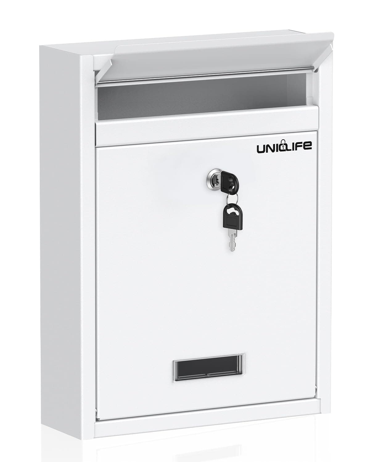 Uniclife Wall Mount Mailbox for Outside, Locking Mailbox, Large Mailbox with Key Lock, Security Mail Box for House, Safe Key Drop Box, Post Box, Steel Cash Drop Box for Home Office School, White