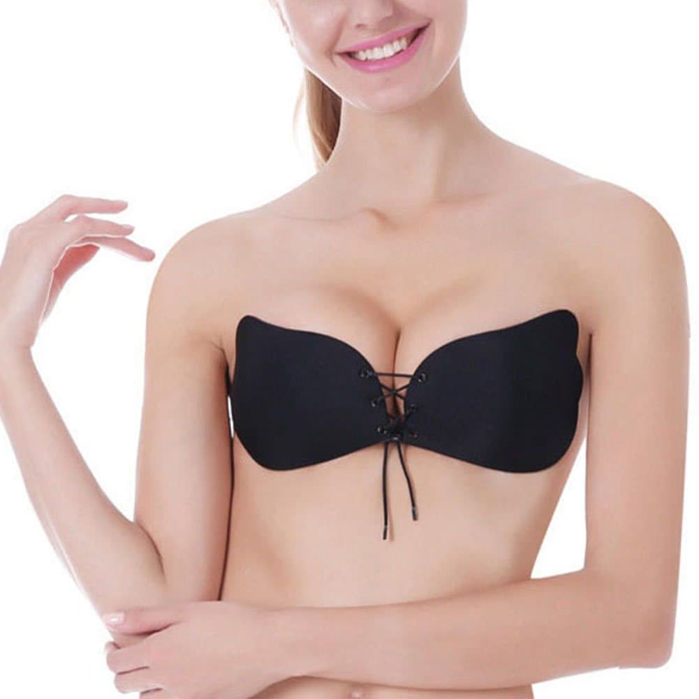 Self Adhesive Bra For Big Bust DD Cup Silicone Bra With Drawstring Black E Size