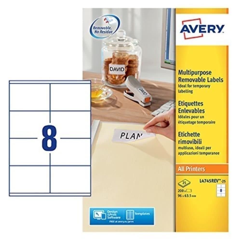 Removable Multi‑Purpose Labels, 96 x 63.5 mm, 8 per Sheet, 600 Blank Labels, White (L4745REV-25) – Strong Adhesion, Easy to Remove, Multi‑Surface, Printable & FSC® Certified