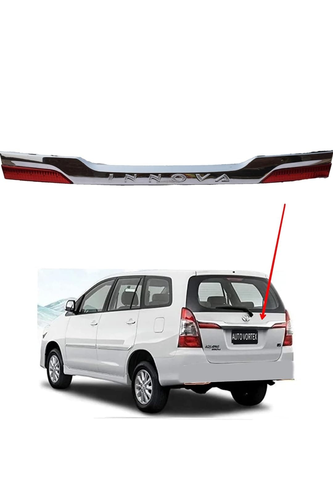 AUTO Vortex Old Innova Back Dicky Tail Rear Number Plate Chrome Garnish/Moulding Strip with Reflector Light for INNOVA Type -4 Model [2012-2016]