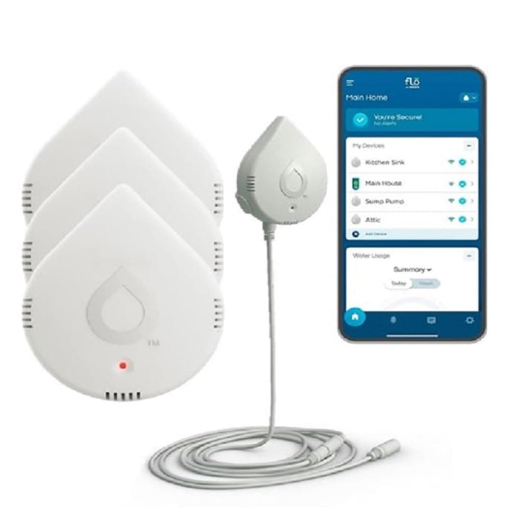 Moen 920-005 Flo Smart Water Leak Detector, White, 3-Pack with 3-Pack 6-Foot Leak Sensing Cable