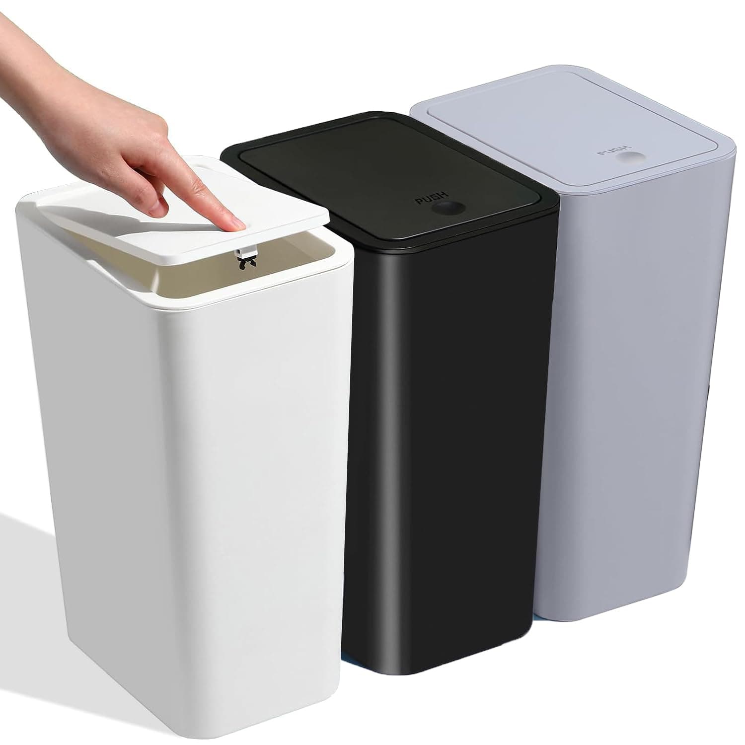 Bathroom Small Trash Can with Lid 3 Pack,10L / 2.6 Gallon Slim Garbage Bin Wastebasket with Pop-Up Lid for Bedroom, Office, Kitchen, Craft Room, Fits Under Desk, Cabinet, Sink