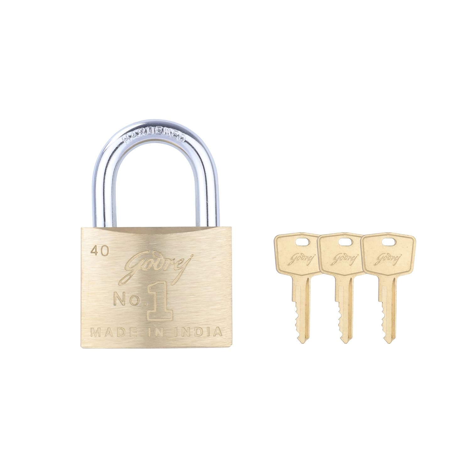 No. 1 Made in India 40mm Square Padlock for Door, Hardened Shackle Brass Finish Lock for Main Door with 3 Keys (Gold, Pack of 1)