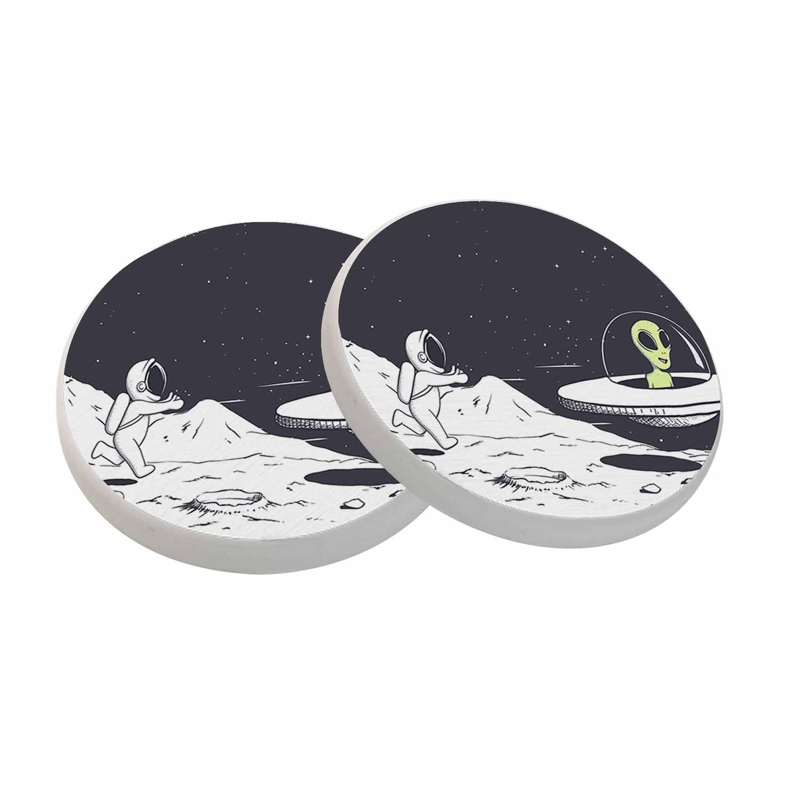 oFloral Astronaut and Alien Coasters for Drinks Absorbent Set of 2 Space Moon Flying Saucer Drink Coaster Round 4 Inch for Coffee Table House Warming Gifts New Home Decor