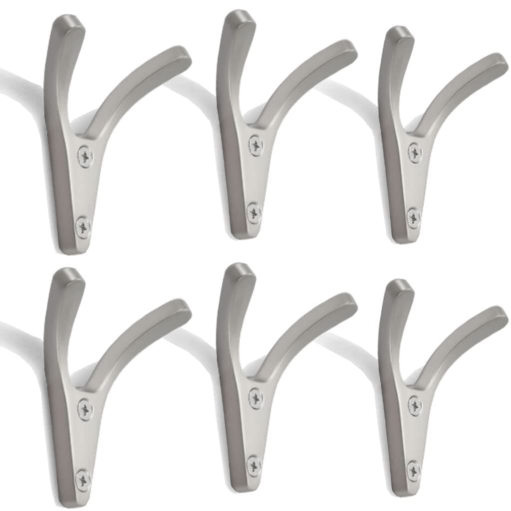6PCS V-Shape Metal Wardrobe Hook Double Hooks,Sheep Horn Shape Coat Hooks with 12 Screws for Entryway Bedroom Bathroom Especially Suitable for Wardrobe Cupboard Shoe Cabinet (Silver, V-Shape)
