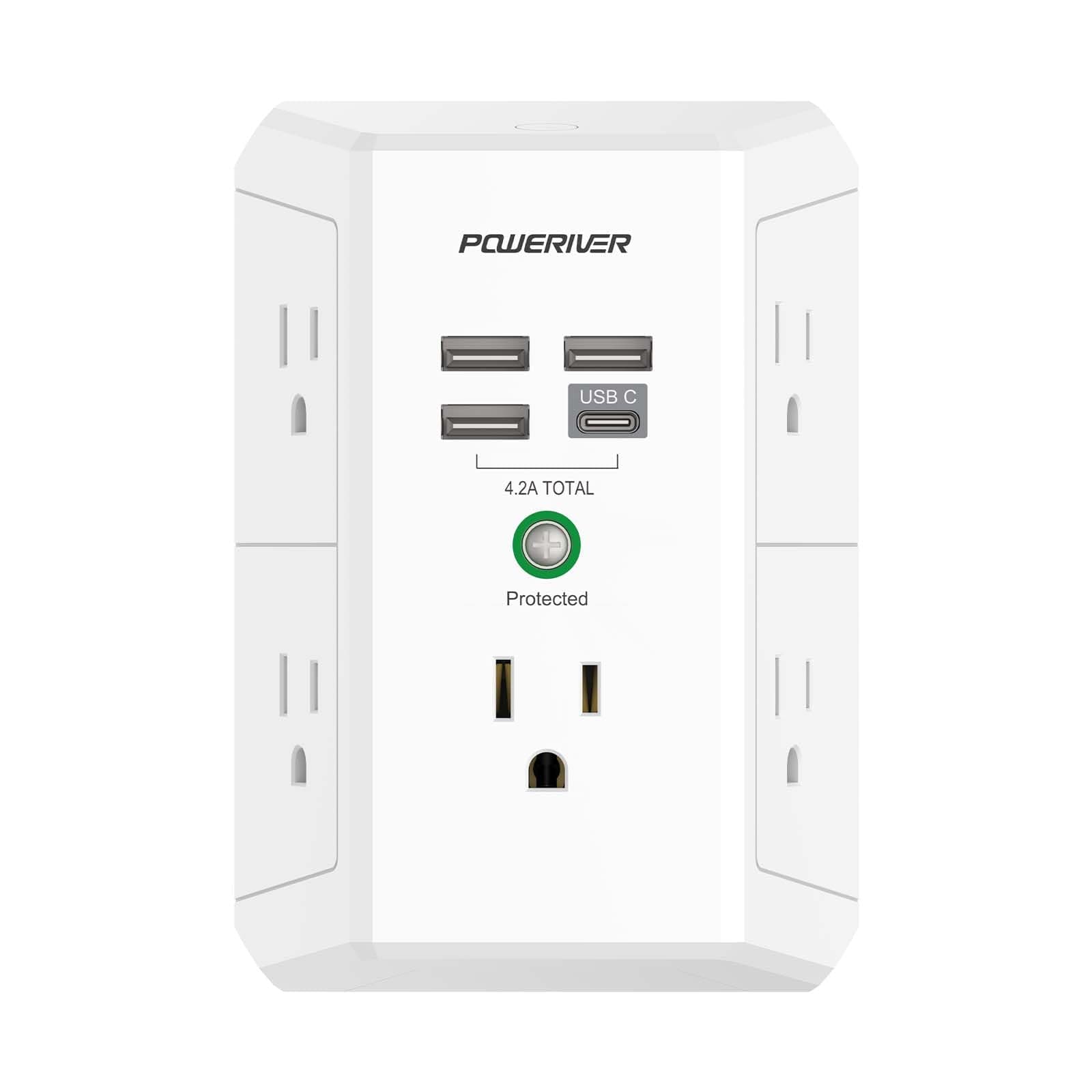 USB Wall Charger, POWERIVER Multi Outlet Extender Surge Protector with 4 USB Ports, 1680J Wall Outlet Adapter Spaced for Home School Office, ETL Listed, White