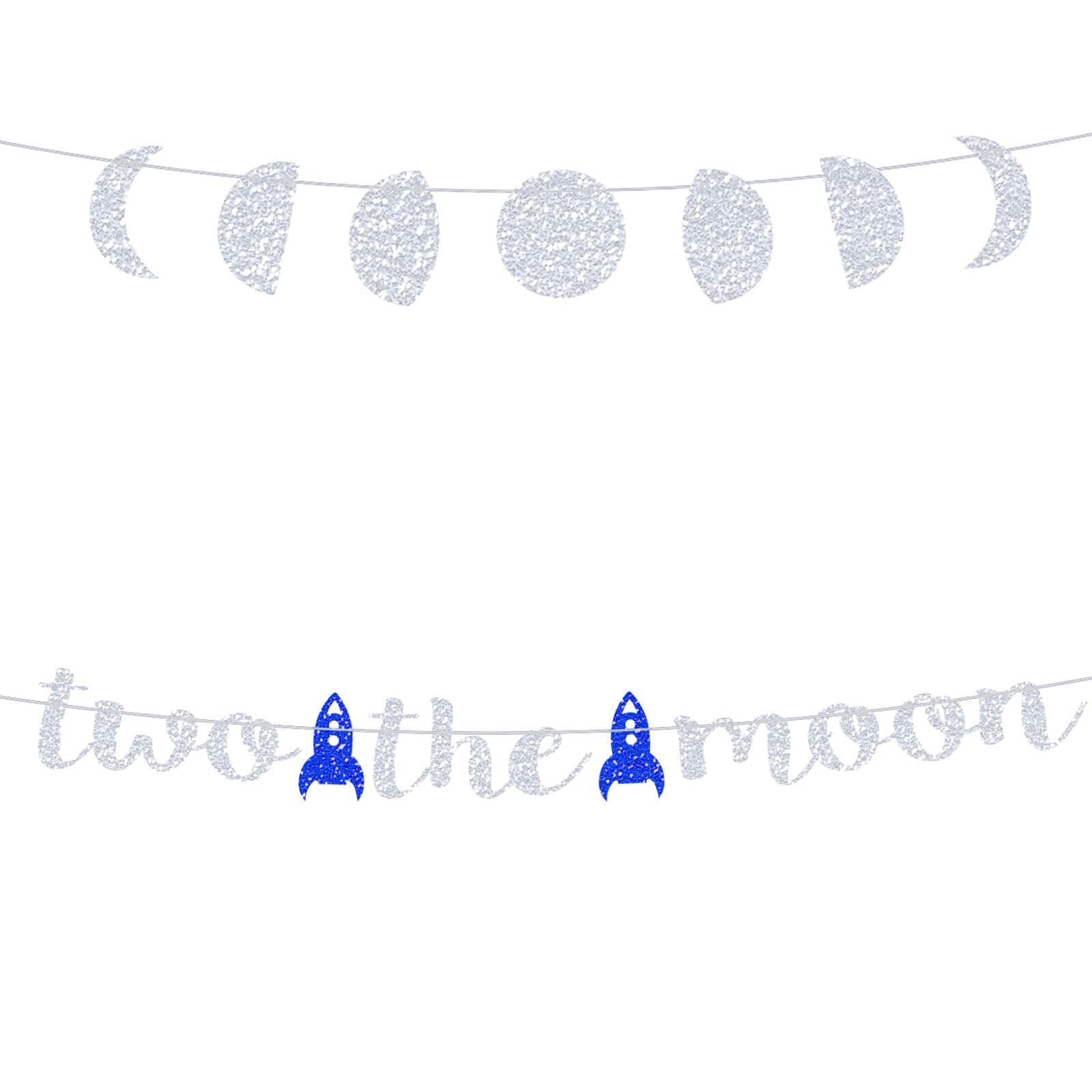 LetDec Two the Moon Birthday Decorations Silver Glitter Two the Moon Party Banner for Outer Space/Galaxy Astronaut/Space Man/Robot UFO Theme Baby Boys 2nd Birthday Party Supplies Decorations