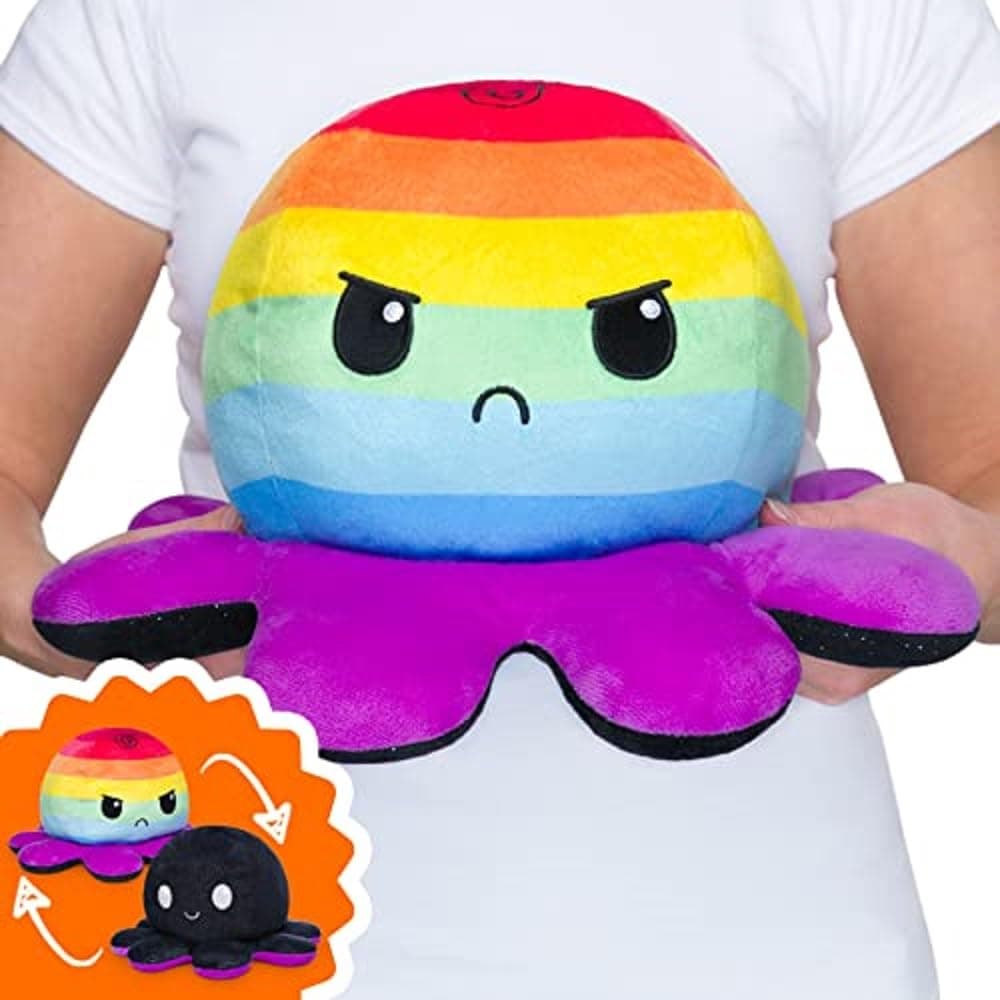 TeeTurtle - Original Reversible Big Octopus Plushie - Rainbow Stripe + Black Sparkle - Huggable and Soft Sensory Fidget Toy Stuffed Animals That Show Your Mood - Gift for Kids and Adults!