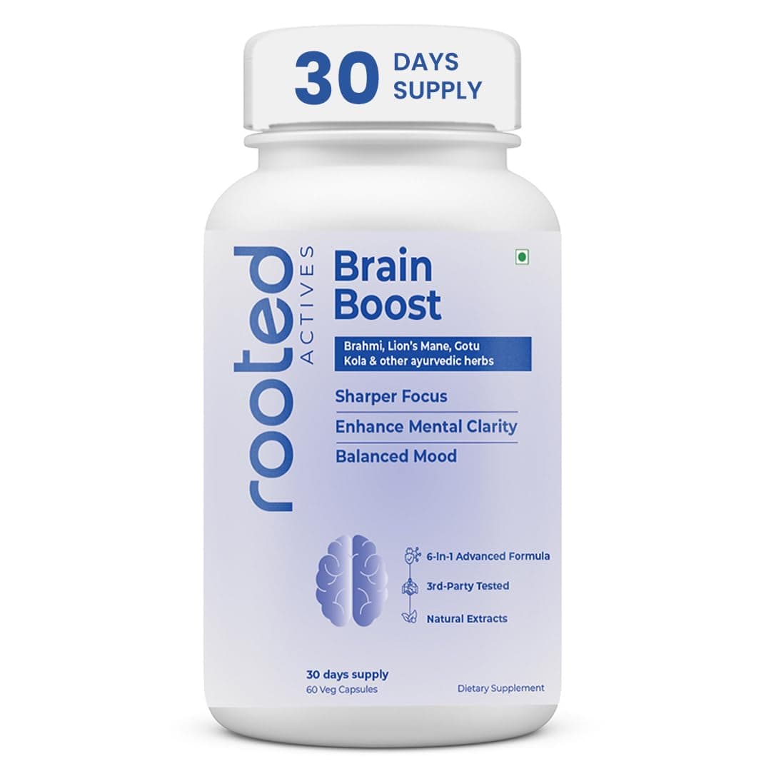 Rooted Actives Brain Boost supplement for Focus, Memory, Brain wellness | 60 Veg Caps of 500 mg each. Lions Mane mushroom with brain boosting herbs