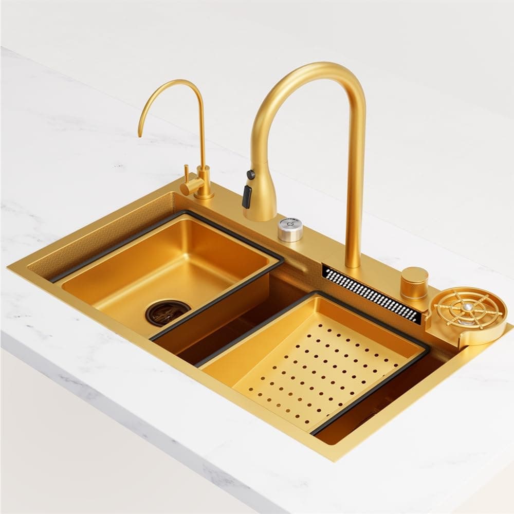 Flying Rain Stainles Steel Waterfall Kitchen Sink with Pull Out Faucet Gold 29.5 INCH