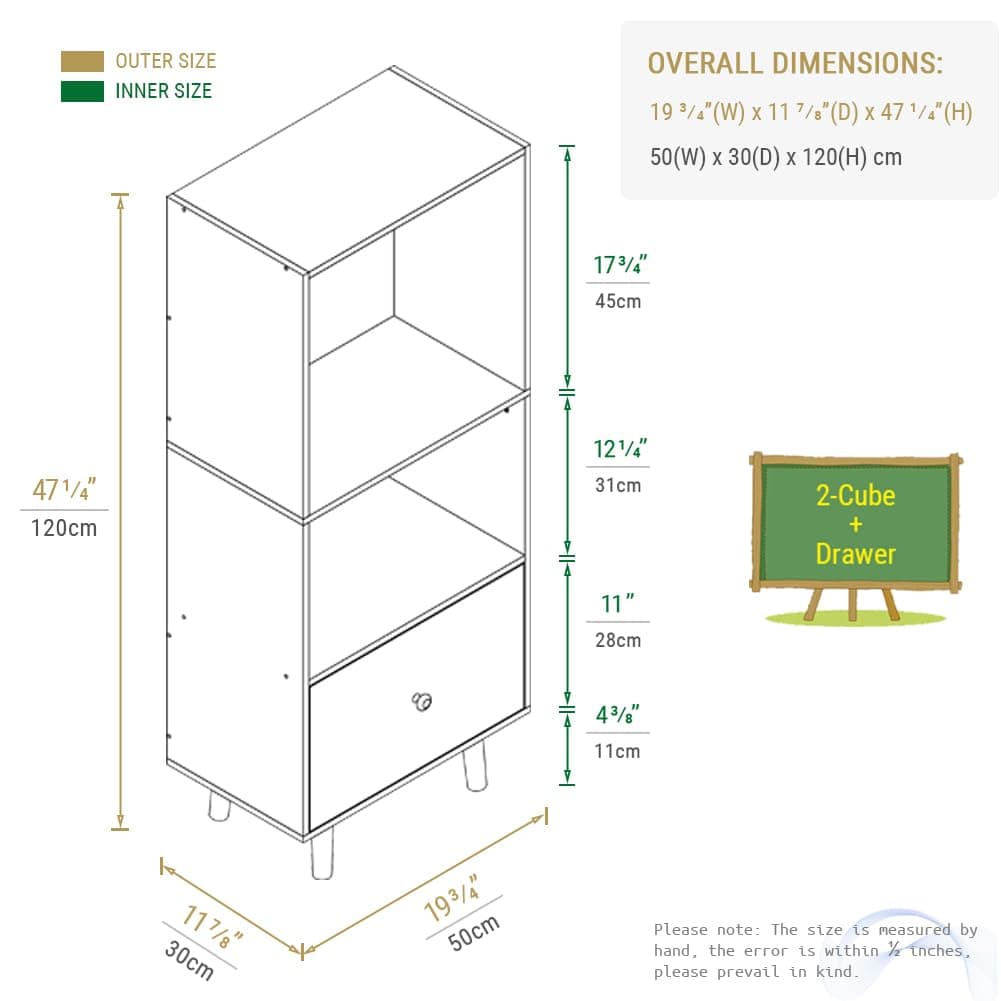 IOTXY Open Shelf Cube Bookcase - 47" Tall Mid-Century Large Bookshelf with Drawer and Deepen Display Storage Cabinet for Home Office, Walnut