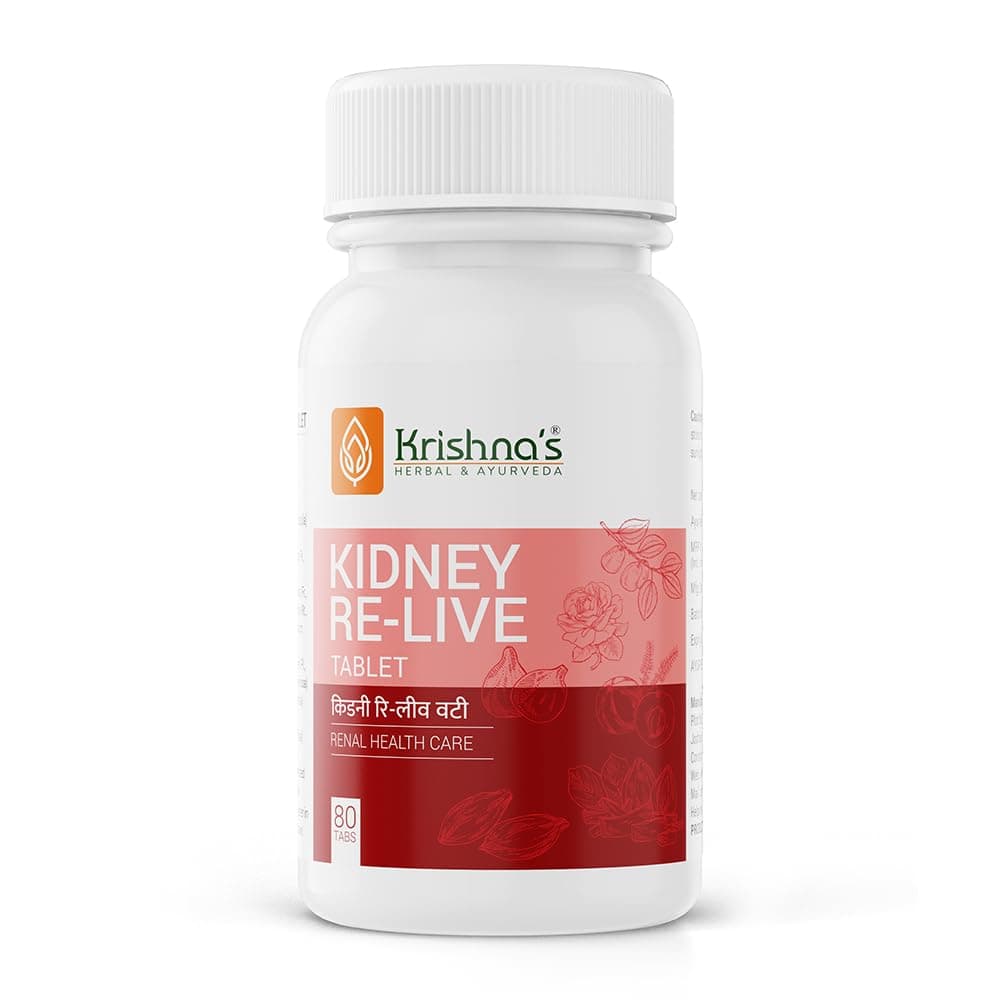 Krishna's Kidney Re-Live Tablet - 80 tab | Enriched with extracts of Punarnava, Arjun Chal, Pushkar Mool, Gokhru & 20 Herbs | Improving Kidney Function | Ayurvedic Health Supplement