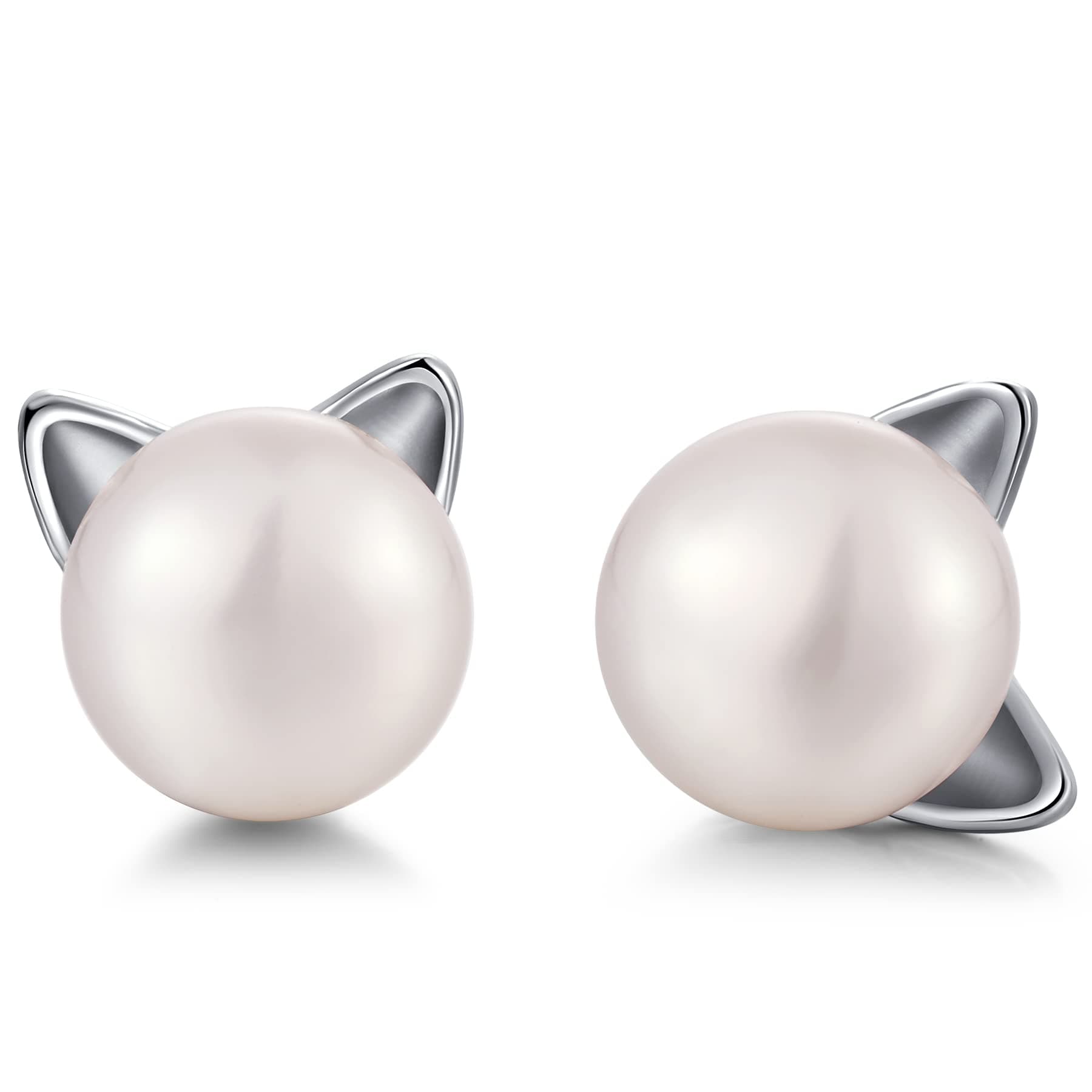 jiamiaoi 925 Sterling Silver Cat Pearl Earrings 7.5-8mm Freshwater Pearl Stud Earrings for Women Girls Cute Cat Earrings Silver Hypoallergenic Cat Stud Earrings
