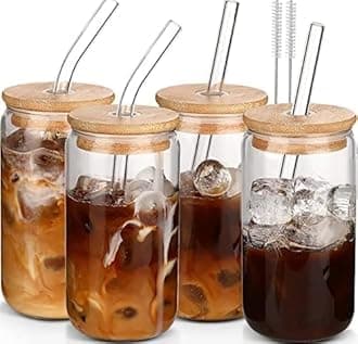 Glass Cups with Lids and Straws 4pcs