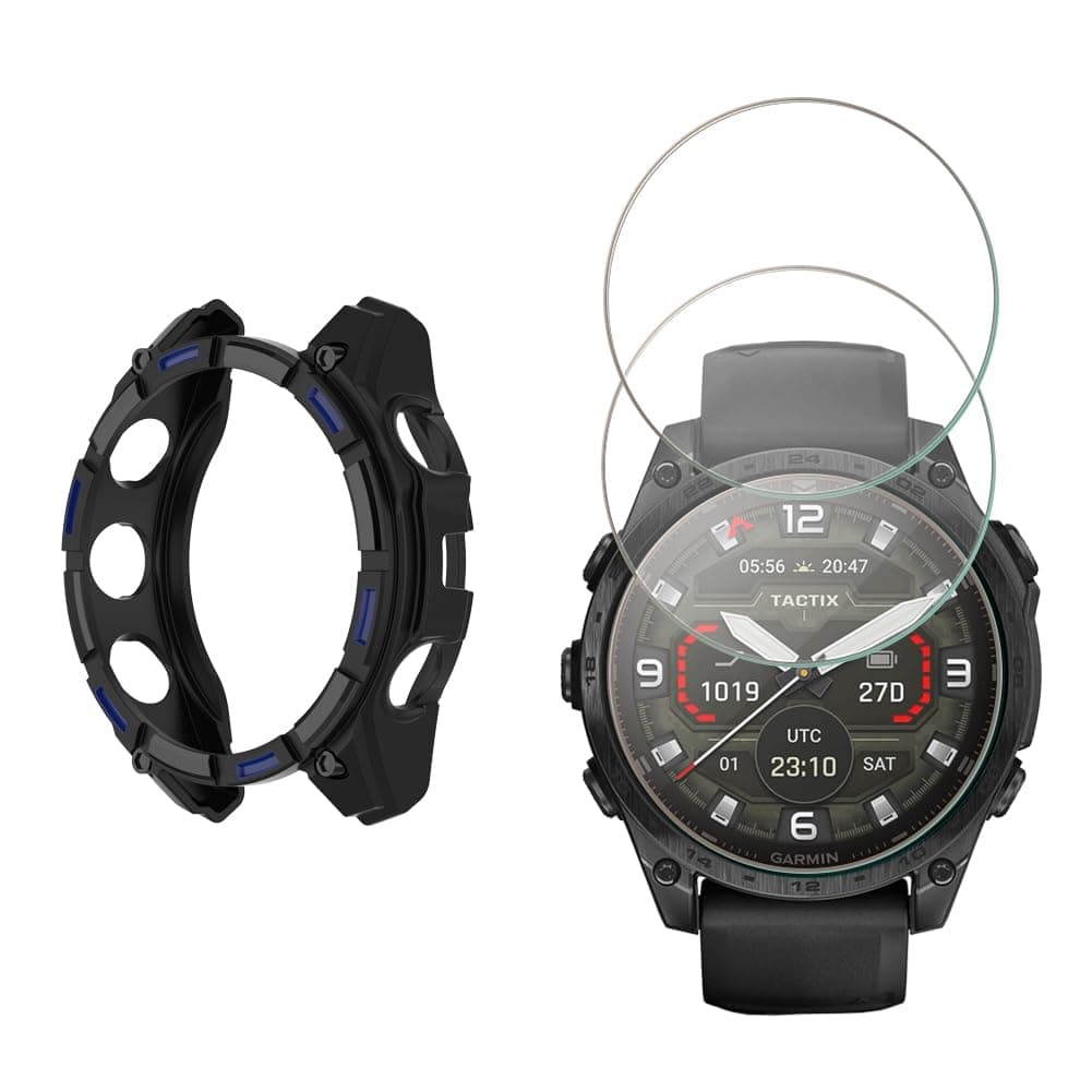 Watch Screen Protector Compatible for Garmin Tactix 8 AMOLED 51mm Smartwatch, 9H Tempered Glass Protective Film Full Coverage and Soft TPU Protective Case (Tactix 8 AMOLED 51MM black blue)