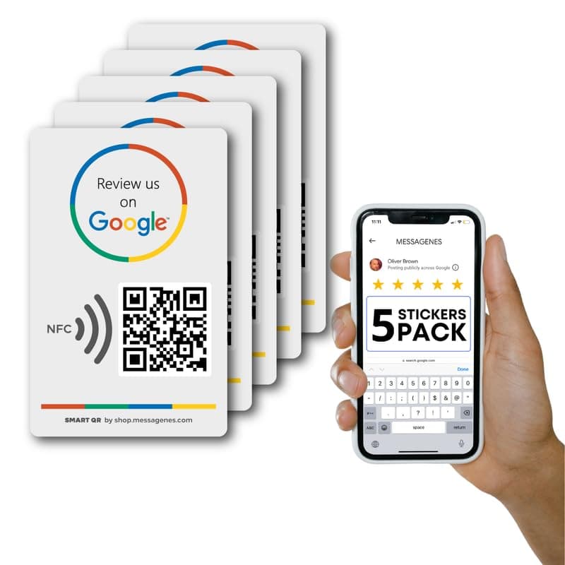 MESSAGENES | Review Us on Google QR Code Stickers | Reusable Smart QR Code and NFC | Pack 5 Rectangular Units | Easy Reviews | Modify Link Whenever You Want | Google Decal for Business, Grey, S-GG-XX
