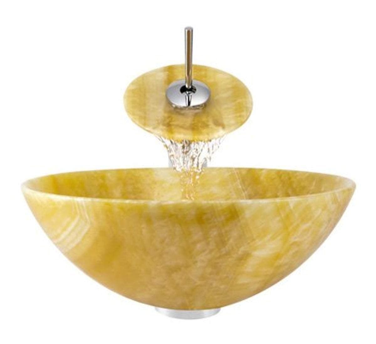 Aurora Sinks S04-C-G Bathroom Ensemble with Grid Drain, Honey Onyx Vessel, Sink, Ring and Waterfall Faucet, Chrome