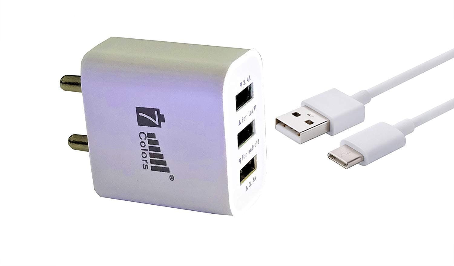 7 Colours 3.4 A 3 USB Fast Charger Power Adapter with Micro USB Type C Cable for Andriod Mobiles , Apple iPhone/iPad Laptops and PC