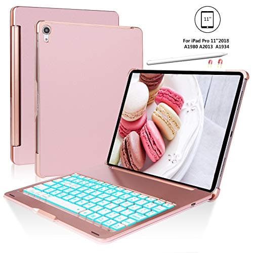 iPad Pro 11 Case 2018 with Keyboard, Wireless Bluetooth, 7 Colors Backlit, Auto Sleep/Wake, Support Pencil Charging (Rose Gold)